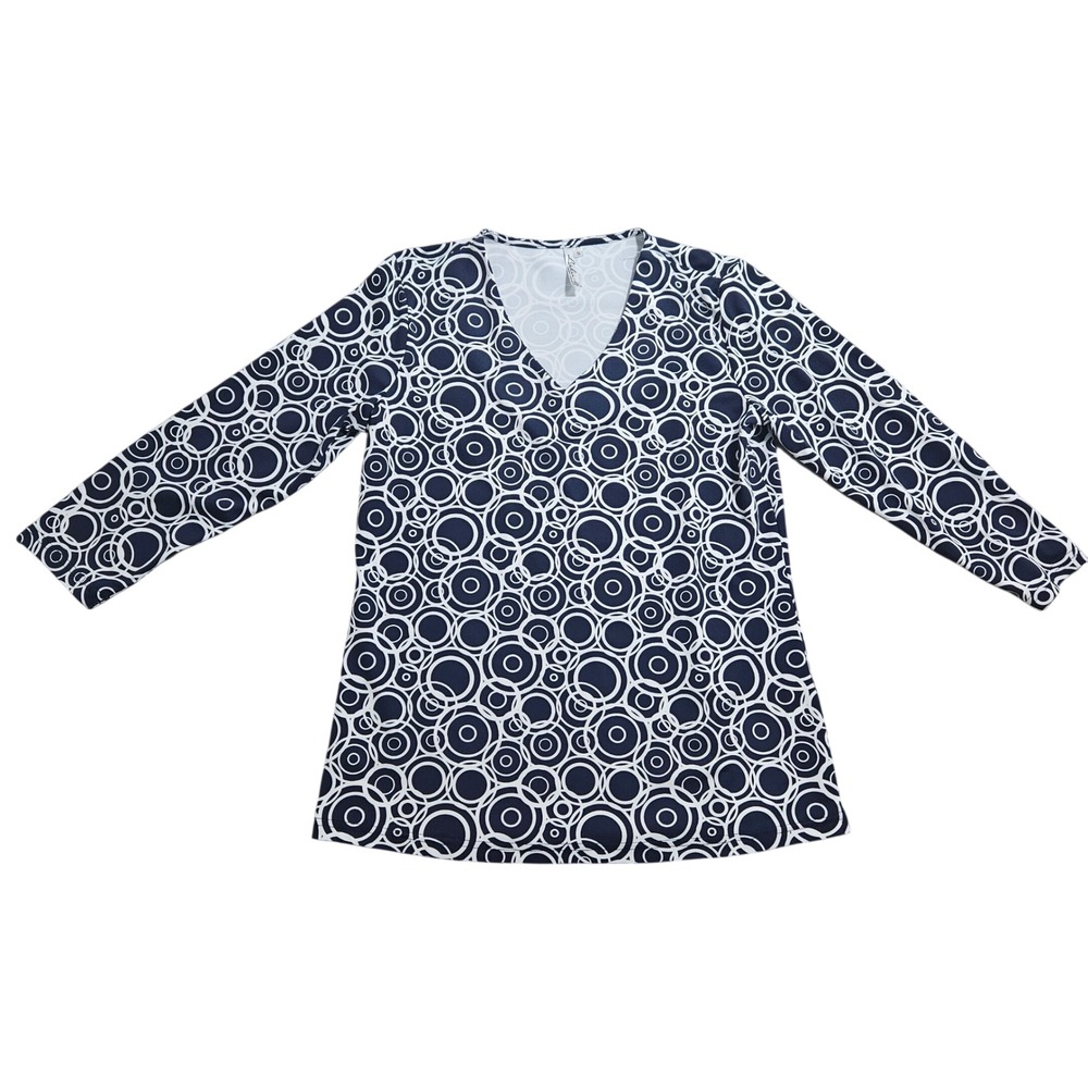 Lulu-B V-Neck Top Women S Navy Blue Geometric Circle Print 3/4 Sleeve